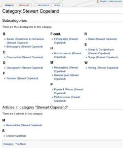 Screencap of the Stewart Copeland category of the PoliceWiki, and the sub-categories within it.