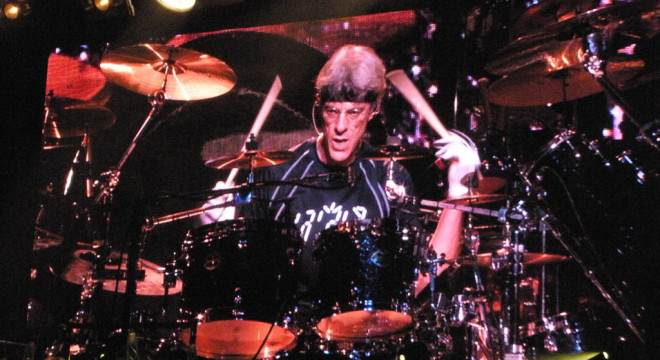 Stewart Copeland on stage with The Police, August 2008.
