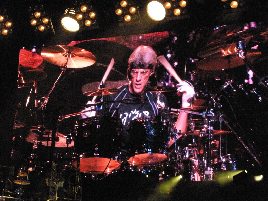Stewart Copeland on stage with The Police, August 2008. 