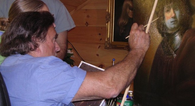 Artist Frank Covino working with a student during a workshop in his Vermont studio.