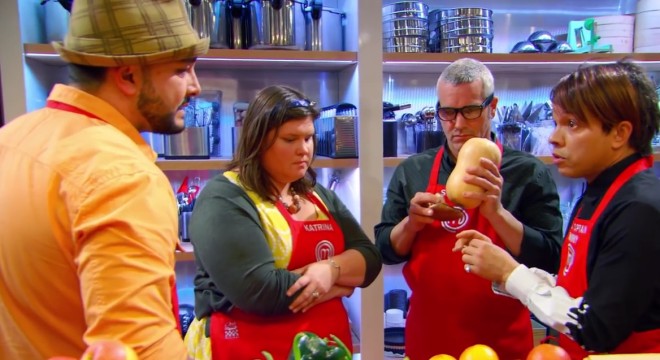 Screencapture from the August 12 2015 episode of MasterChef "Getting A-Head in the Competition".