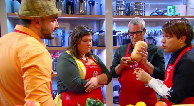 Screencapture from the August 12 2015 episode of MasterChef "Getting A-Head in the Competition".